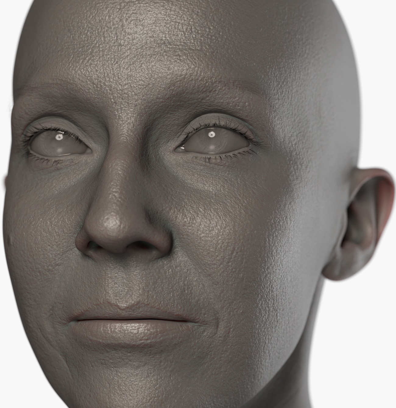 Clay render of a female head 3D scan showing fine skin pore and surface detail captured by photogrammetry
